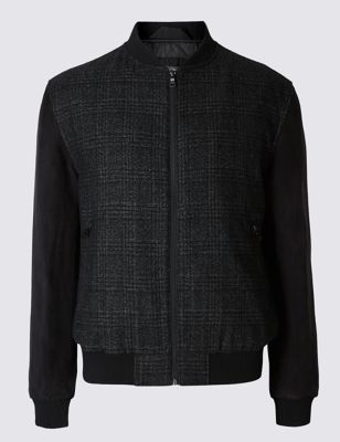 Wool Blend Tailored Fit Checked Bomber Jacket
